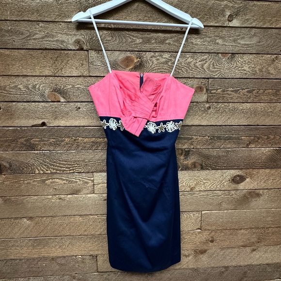Lilly Pulitzer Strapless Colorblock Dress Pink & Navy Seashell Trim Size 6 - Picture 3 of 6